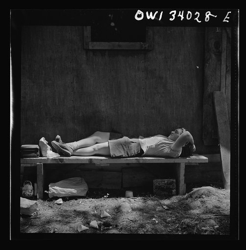 Turkey Pond, near Concord, New Hampshire. Women workers employed by a U.S. Department of Agriculture timber salvage sawmill. Ruth De Roche, eighteen year old "pit woman," resting her head on her lunch pail during the lunch hour