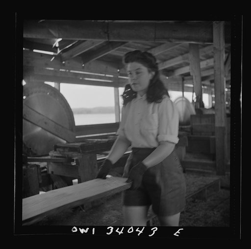 Untitled photo, possibly related to: Turkey Pond, near Concord, New Hampshire. Women workers employed by a U.S. Department of Agriculture timber salvage sawmill. Barbara Webber, twenty-one year old edger, finds her job harder physically than working in a laundry, but she likes it better because it i