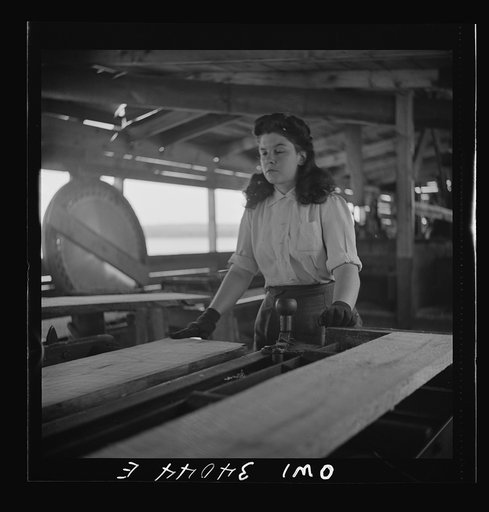 Untitled photo, possibly related to: Turkey Pond, near Concord, New Hampshire. Women workers employed by a U.S. Department of Agriculture timber salvage sawmill. Barbara Webber, twenty-one year old edger, finds her job harder physically than working in a laundry, but she likes it better because it i