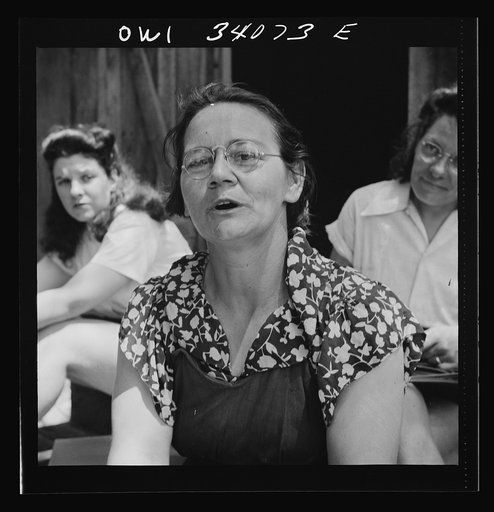 Untitled photo, possibly related to: Turkey Pond, near Concord, New Hampshire. Women workers employed by U.S. Department of Agriculture timber salvage sawmill. Mrs Dorothy De Greenia, slip woman, doesn't find the job hard after years of houswork. Mrs. De Greenia's husband, Raymond, is a sawyer at Tu