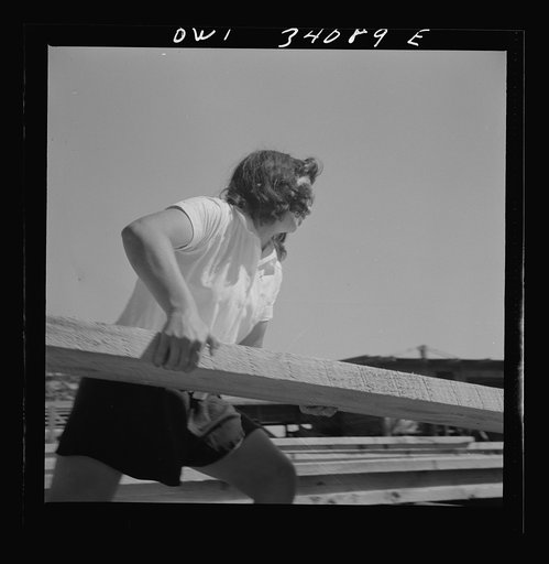 Untitled photo, possibly related to: Turkey Pond, near Concord, New Hampshire. Women workers employed by a U.S. Department of Agriculture timber salvage sawmill. Ruth De Roche, pit woman, placing a trimmed board on the proper pile in the pit