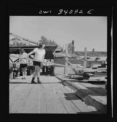 Untitled photo, possibly related to: Turkey Pond, near Concord, New Hampshire. Women workers employed by a U.S. Department of Agriculture timber salvage sawmill. Ruth De Roche, pit woman, placing a trimmed board on the proper pile in the pit