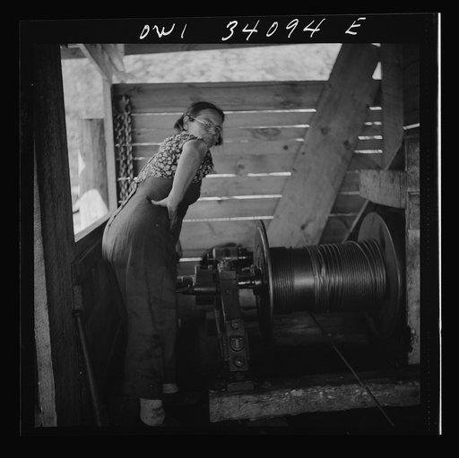 Turkey Pond, near Concord, New Hampshire. Women workers employed by a U.S. Department of Agriculture timber salvage sawmill. Mrs. Dorothy De Greenia, slip woman, operating the power-driven winch which pulls the logs up the slip from the pond