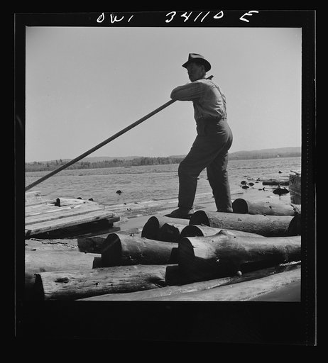 Turkey Pond, near Concord, New Hampshire. A U.S. Department of Agriculture timber salvage sawmill. A group of pondmen go the rounds of the government mills rounding up logs that have strayed over the pond