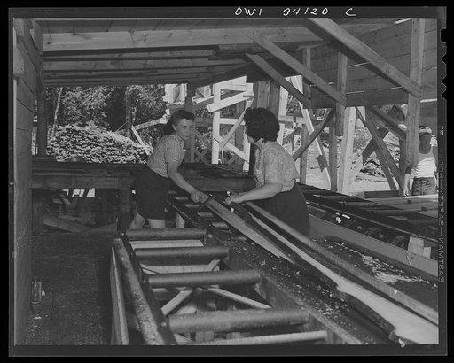 Untitled photo, possibly related to: Turkey Pond, near Concord, New Hampshire. Women workers employed by a U.S. Department of Agriculture timber salvage sawmill. As a board comes away from the edges, Mrs. Lucy DeGreen, right, taking away from the edges and putting them on a conveyor to be sawed into