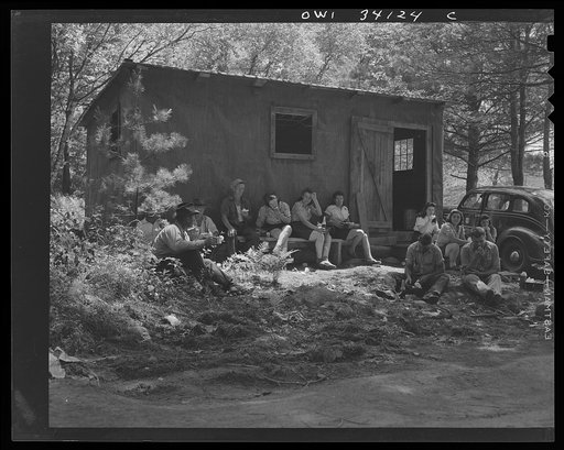 Untitled photo, possibly related to: Turkey Pond, near Concord, New Hampshire. Women workers employed by a U.S. Department of Agriculture timber salvage sawmill. Employees bring their lunch, usually sandwiches and pop or a thermos jug of coffee. The two men at the far left have been rounding up logs