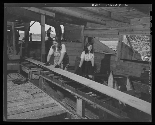 Untitled photo, possibly related to: Turkey Pond, near Concord, New Hampshire. Women workers employed by a U.S. Department of Agriculture timber salvage sawmill. Mrs. Violet Storey, "take-away," and Barbara Webber, "edger," sending a log down the conveyor to be sawed into two-foot lengths for scrap