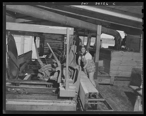 Turkey Pond, near Concord, New Hampshire. Women workers employed by a U.S. Department of Agriculture timber salvage sawmill