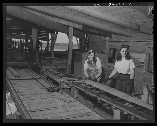 Turkey Pond, near Concord, New Hampshire. Women workers employed by a U.S. Department of Agriculture timber salvage sawmill. Mrs. Violet Storey, "take-away," and Barbara Webber, "edger," sending a log down the conveyor to be sawed into two-foot lengths for scrap