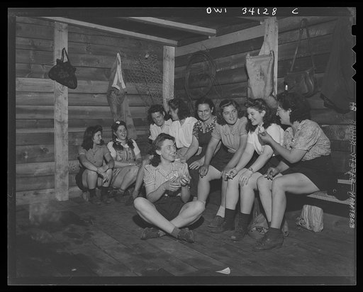 Turkey Pond, near Concord, New Hampshire. Women workers employed by a U.S. Department of Agriculture timber salvage sawmill. Employees eating their lunch in a shed. In the foreground is Mrs. Daisy Perkins, trimmer. Others, from left to right, Norma Webber, "pit woman"; Mrs. Violet Storey, "take-away