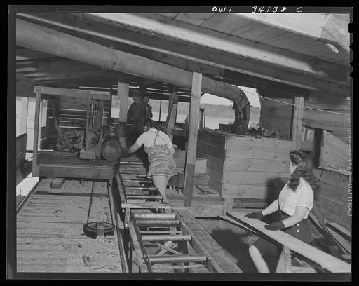 Untitled photo, possibly related to: Turkey Pond, near Concord, New Hampshire. Women workers employed by a U.S. Department of Agriculture timber salvage sawmill. Mrs. Violet Storey, "take-away," and Barbara Webber, "edger," sending a log down the conveyor to be sawed into two-foot lengths for scrap