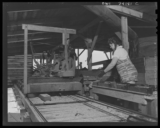 Turkey Pond, near Concord, New Hampshire. Women workers employed by a U.S. Department of Agriculture timber salvage sawmill. Mrs. Violet Storey, "take away," getting ready to take the rough board as it comes through the main saw