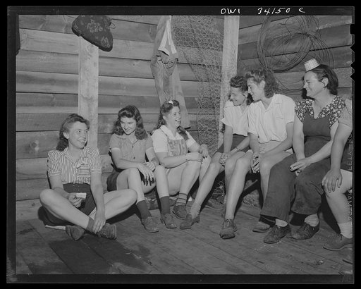 Untitled photo, possibly related to: Turkey Pond, near Concord, New Hampshire. Women workers employed by a U.S. Department of Agriculture timber salvage sawmill. From left to right: Mrs. Daisy Perkins, trimmer; Norma Webber, pit woman; Mrs. Violet Storey, take-away; Mrs. Elizabeth Esty and Florence 