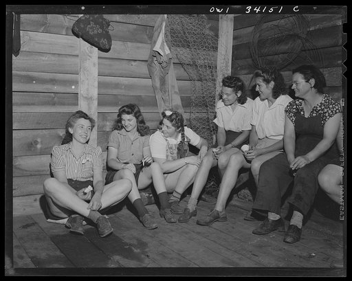 Turkey Pond, near Concord, New Hampshire. Women workers employed by a U.S. Department of Agriculture timber salvage sawmill. From left to right: Mrs. Daisy Perkins, trimmer; Norma Webber, pit woman; Mrs. Violet Storey, take-away; Mrs. Elizabeth Esty and Florence Drouin, pond woman; and Mr. Dorothy D