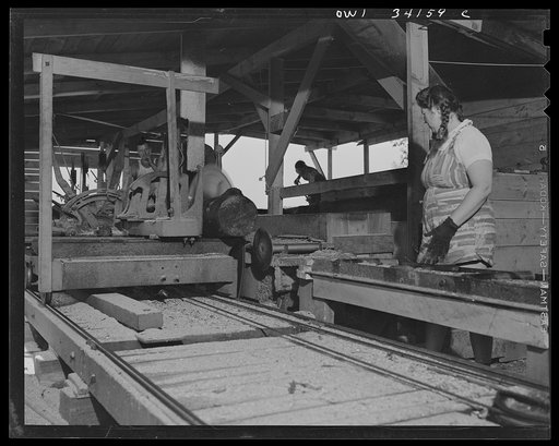Untitled photo, possibly related to: Turkey Pond, near Concord, New Hampshire. Women workers employed by a U.S. Department of Agriculture timber salvage sawmill. Mrs. Violet Storey, "take away," lifting one end of a rough board to swing it from the conveyor to the balance where Barbara Webber, right