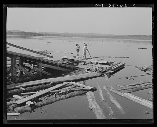 Turkey Pond, near Concord, New Hampshire. Women workers employed by a U.S. Department of Agriculture timber salvage sawmill. Mrs. Elizabeth Esty and Florence Drouin, pond woman, use regular logging piles to bring the logs into place on the slip. The timber sawed at this mill is wood felled by the hu