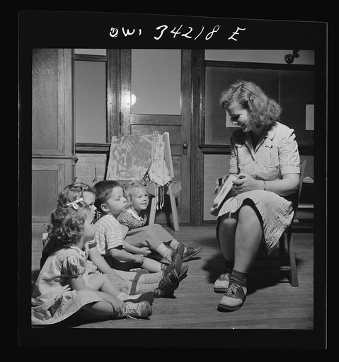 New Britain, Connecticut. A child care center opened September 15, 1942, for thirty children, ages two through five of mothers engaged in war industry. The hours are 6:30 a.m. to 6 p.m. six days per week. "Story hour"