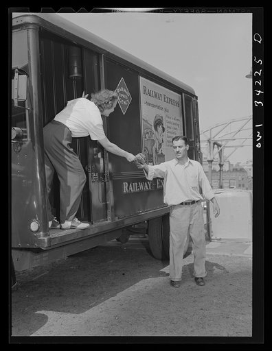 New Britain, Connecticut. Mrs. Dorothy Bell, twenty-seven years old, mother of two children, employed at the American Railway Express Company, earns thirty-three dollars twenty-six cents per week. Her main job is sorting, weighing, handling and stamping packages