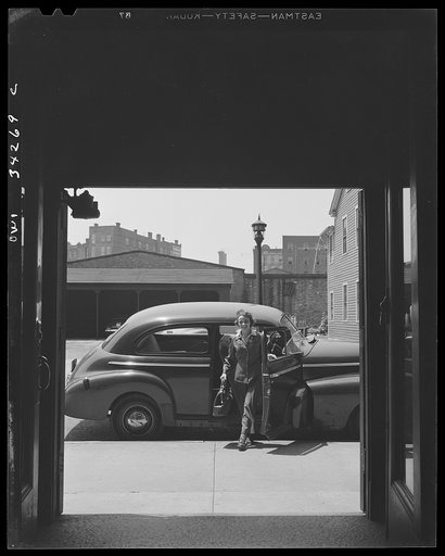 New Britain, Connecticut. A woman driving the shuttle truck between the plants of the Fafnir Bearing Company, delivering packages and passengers