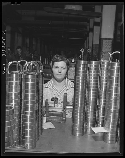 New Britain, Connecticut. Mrs. Antoinette Jamroz, Polish, mother of three children, employed at the Fafnir Bearing Company, matching and sizing bearing rings