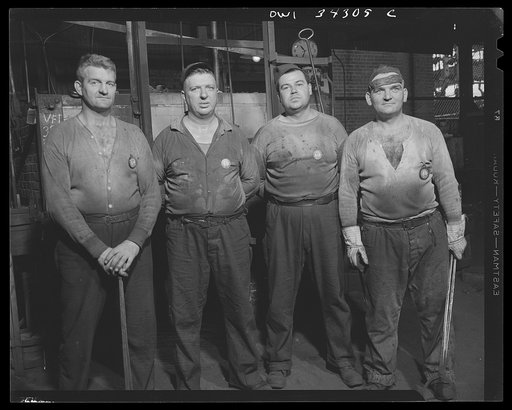 New Britain, Connecticut. Forging crew at the Fafnir Bearing Company Left to right: John Evanoswki, Polish; Charles Kocahn, Polish; Walter Velicka, Lithuanian; and Albert Zils, German-American