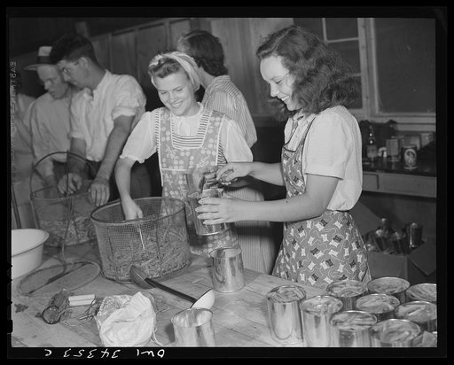 Jeffersontown, Kentucky. The Jefferson County ommunity cannery, started by the WPA (Work Projects Administration), now conducted by the state (?) vocational education department. Women pay three cents each for cans and two cents per can for use of the pressure cooker. Girls canning some of the beans