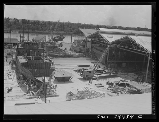 Untitled photo, possibly related to: Higgins shipyards, New Orleans, Louisiana. Cargo vessel under construction