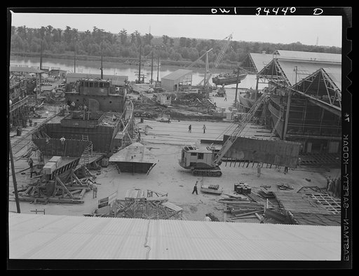 Higgins shipyards, New Orleans, Louisiana. Cargo vessel under construction