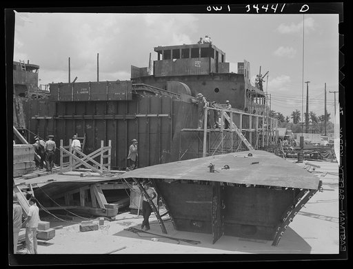 Cargo vessel under construction at the Higgins shipyards, New Orleans, Louisiana