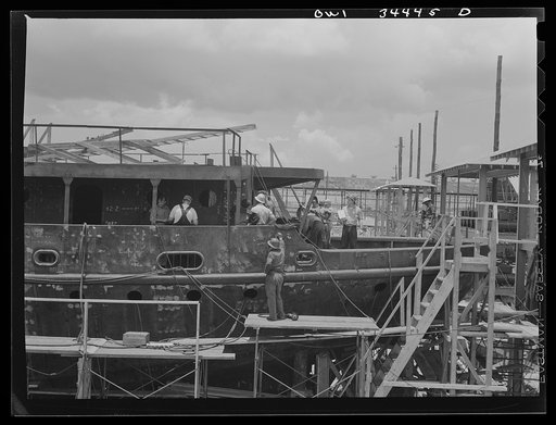 Cargo vessel under construction at the Higgins shipyards, New Orleans, Louisiana