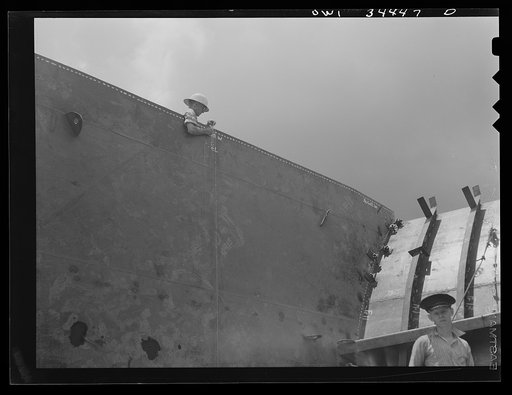Cargo vessel under construction at the Higgins shipyards. New Orleans, Louisiana