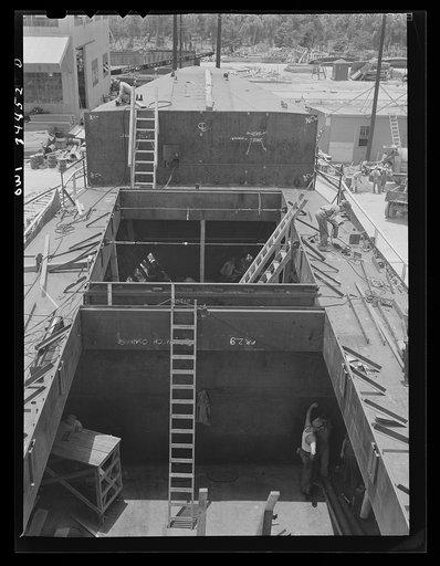 Cargo vessel under construction at the Higgins shipyards. New Orleans, Louisiana