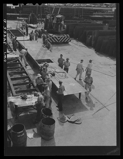 Steel plates ready for installation into the hulls of ships at the Higgins shipyards in New Orleans, Louisiana