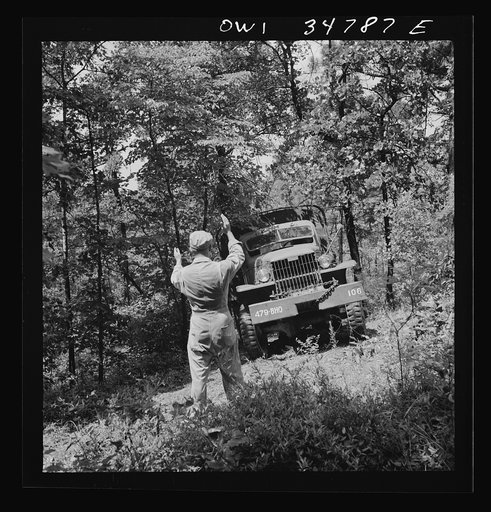 Warner Robins, Georgia. Air Service Command, Robins Field. Part of the training of the truck drivers of the depot group consists of driving many times through an obstacle course in the woods