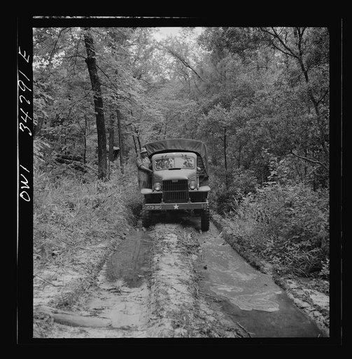 Untitled photo, possibly related to: Warner Robins, Georgia. Air Service Command, Robins Field. Part of the training of the truck drivers of the depot group consists of driving many times through an obstacle course in the woods