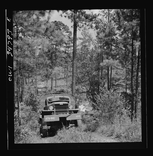 Untitled photo, possibly related to: Warner Robins, Georgia. Air Service Command, Robins Field. Part of the training of the truck drivers of the depot group consists of driving many times through an obstacle course in the woods