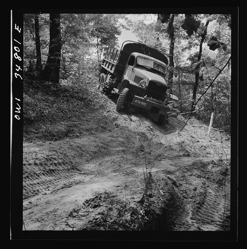 Warner Robins, Georgia. Air Service Command, Robins Field. Part of the training of the truck drivers of the depot group consists of driving many times through an obstacle course in the woods