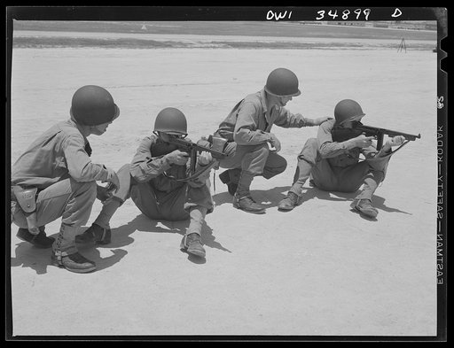 Daniel Field, Georgia. Air Service Command. Learning to fire a Thompson submachine gun from a sitting position