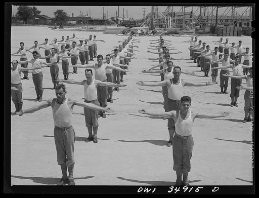 Untitled photo, possibly related to: Daniel Field, Georgia. Air Service Command. Enlisted men going through calisthenics