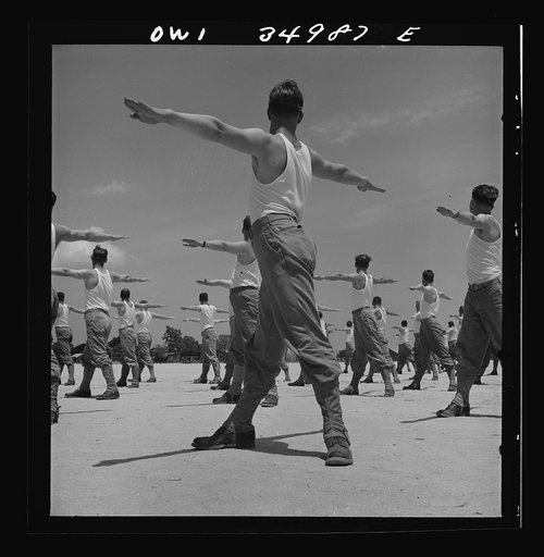 Daniel Field, Georgia. Air Service Command. Enlisted men going through the calisthenics routine