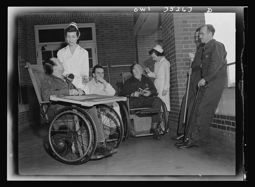 Walter Reed Hospital, Washington, D.C. Convalescent soldiers on a porch