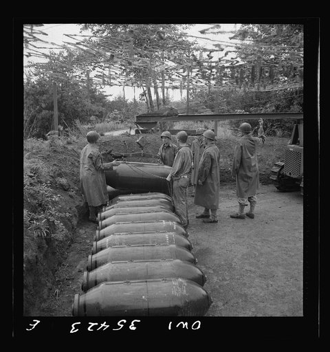 Greenville, South Carolina. Air Service Command. Men of the ordnance, supply and maintenance company of the 25th service group taking 2000 pound bombs out of the revetment area