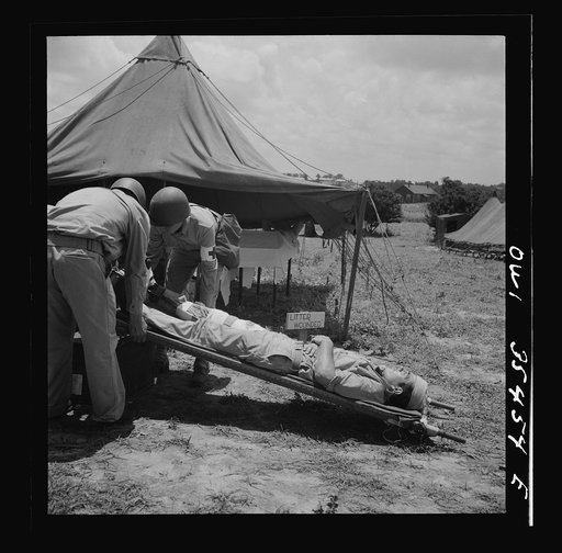Untitled photo, possibly related to: Greenville, South Carolina. Men of the medical unit of the 25th service group having litter drill