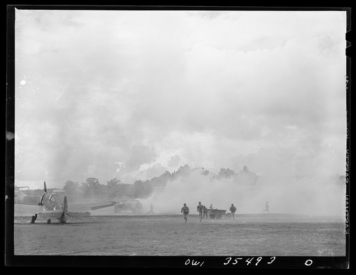 Greenville, South Carolina. Air Service Command. Men of the 35th service squadron of the 25th service group enacting an "alert" during a simulated defense of the airfield from attack
