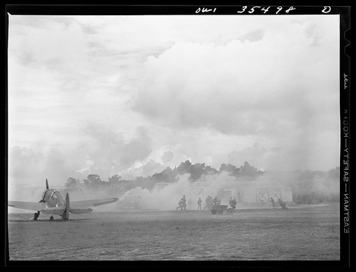 Greenville, South Carolina. Air Service Command. Men of the 35th service squadron of the 25th service group enacting an "alert" during a simulated defense of the airfield from attack