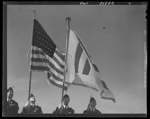 Untitled photo, possibly related to: The United Nations flag, an unofficial design by Brooks B. Harding, with four bars symbolizing the Four Freedoms beside the Stars and Stripes