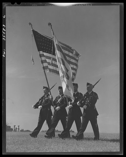 Untitled photo, possibly related to: The United Nations flag, an unofficial design by Brooks B. Harding, with four bars symbolizing the Four Freedoms beside the Stars and Stripes