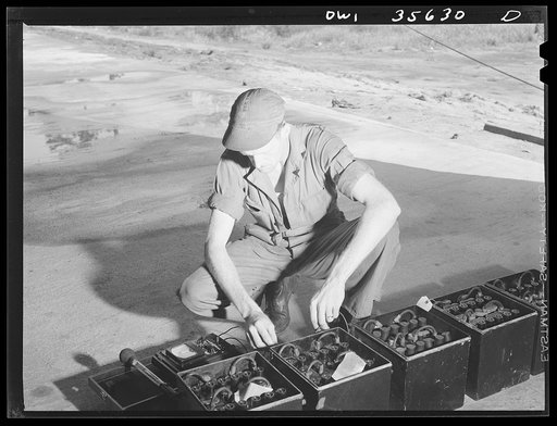 Myrtle Beach, South Carolina. Air Service Command. Private Ed A. Proudfoot, electrician with a mobile unit of the 25th service group