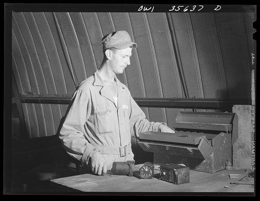 Myrtle Beach, South Carolina. Air Service Command. Corporal Paul Wenger, instrument repair man with a mobile unit