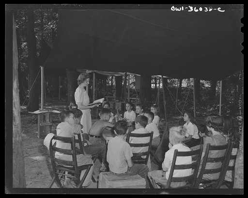 Untitled photo, possibly related to: Middle River, a small crossroads in the vicinity of Baltimore, Maryland. FSA (Farm Security Administration) housing project (later administered by the National Housing Agency) for Glenn L. Martin aircraft workers. Daily Bible class conducted for the children at t